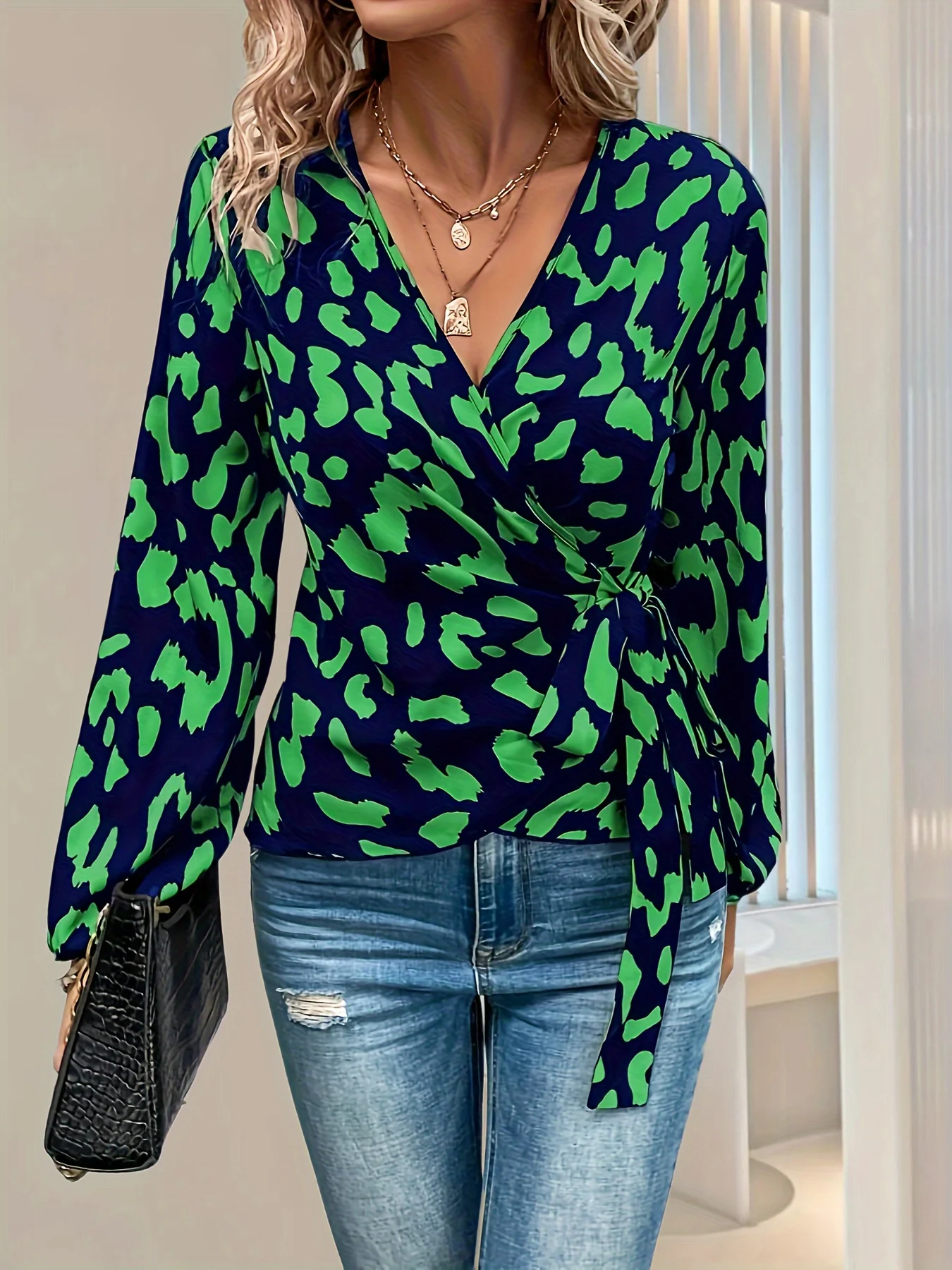 deanwangkt  All Over Print Surplice Neck Blouse, Elegant Long Sleeve Tie Side Blouse, Women's Clothing - Deanwangkt