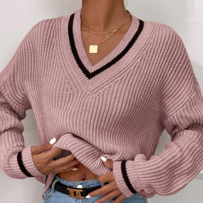 deanwangkt Casual Loose Knitted Sweater for Women Autumn Stripe V-Neck Sweater Winter Solid Soft Office Lady Pullover Fashion Jumper - Deanwangkt