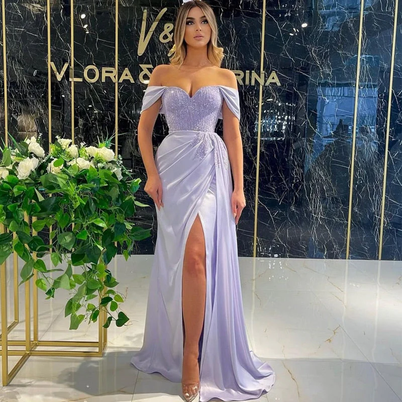 Sexy Prom Dresses  Off Shoulder Sequins Evening Dress Saudi Arabia High Split Night Cocktail Party Gowns Plus Size - Deanwangkt