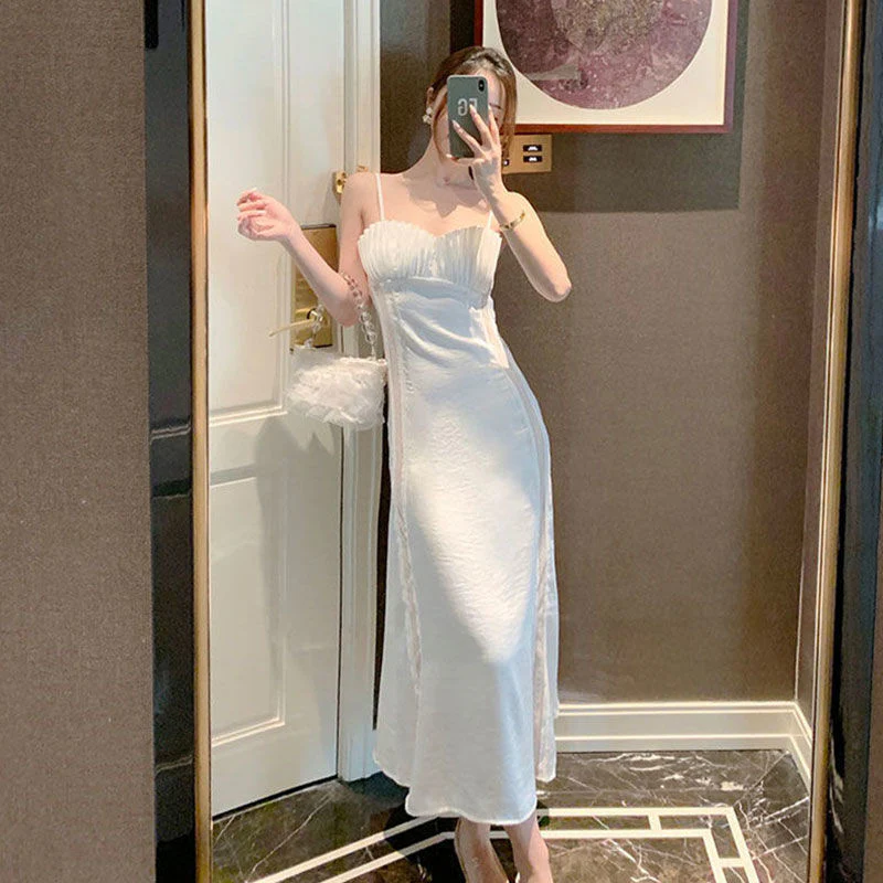 Joskka Summer Strap Dress Women Elegant Casual White Fairy Slim Patchwork Backless Dress Female Holiday Party Midi Dress  New - Deanwangkt