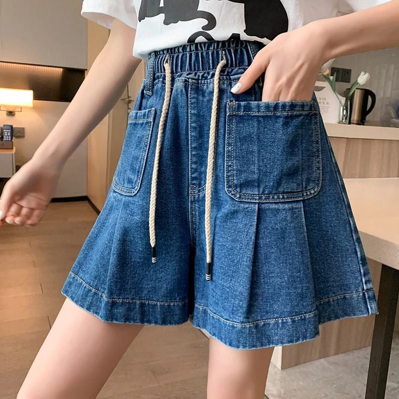 deanwangkt Y2K Summer Women Vintage Blue Korean Denim Shorts High Waist Knee Length Wide Leg Baggy Pockets Short Pants Harajuku Clothes - Deanwangkt