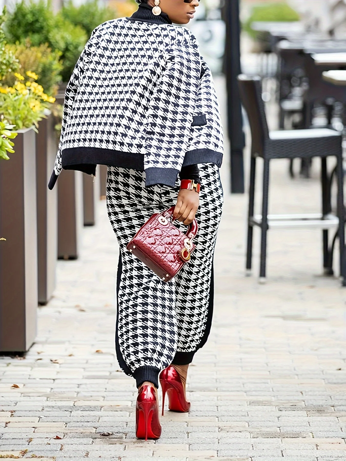 deanwangkt-1  Houndstooth Print Two-piece Set, Zip Up Long Sleeve Jacket & Elastic Waist Pants Outfits, Women's Clothing - Deanwangkt