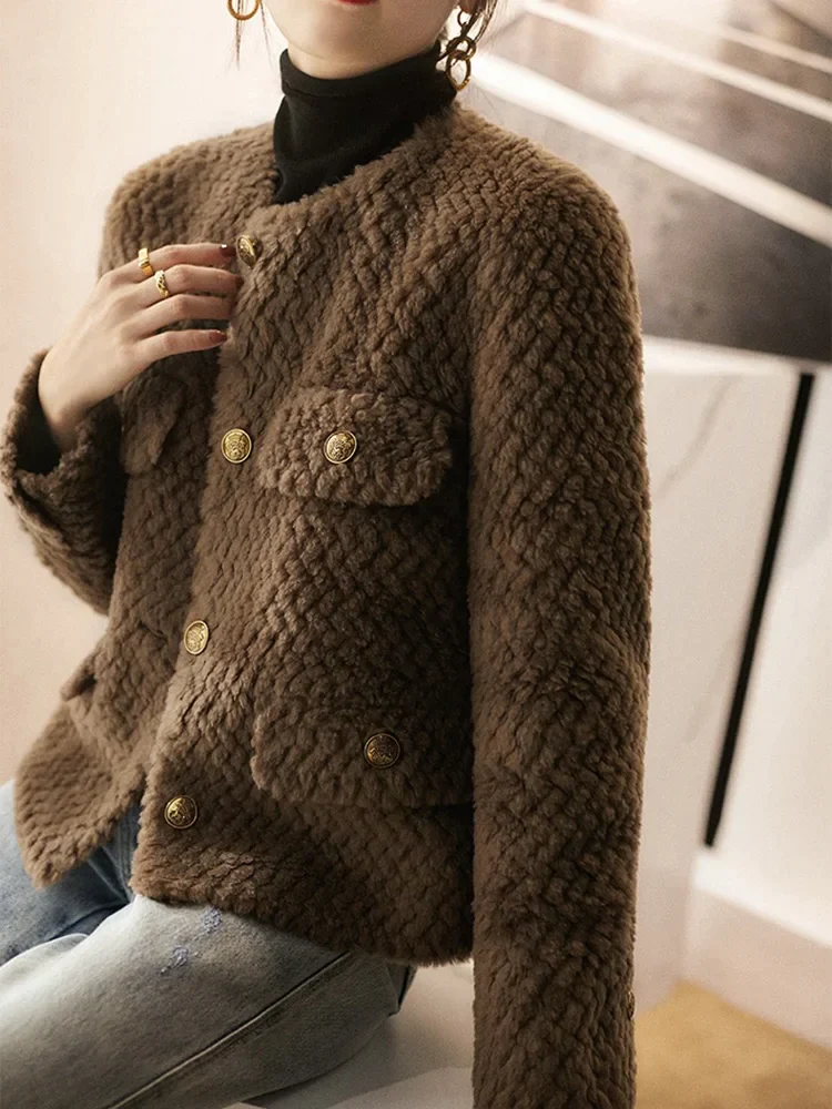 deanwangkt Female Jacket Autumn French Retro Temperament Round Neck Chic Three Buttons Loose Long-Sleeved Plaid Short Coats - Deanwangkt