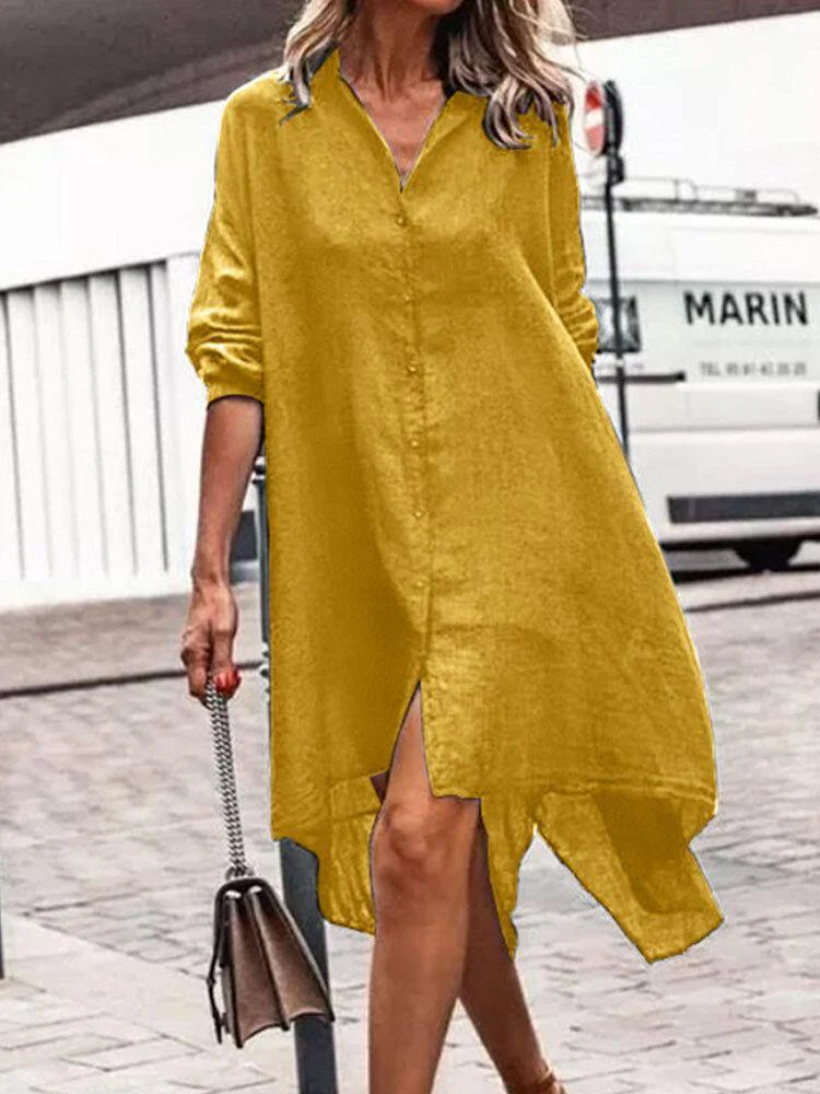 deanwangkt Women Solid Color Lapel Lack Slit Loose Shirt Dress - Deanwangkt