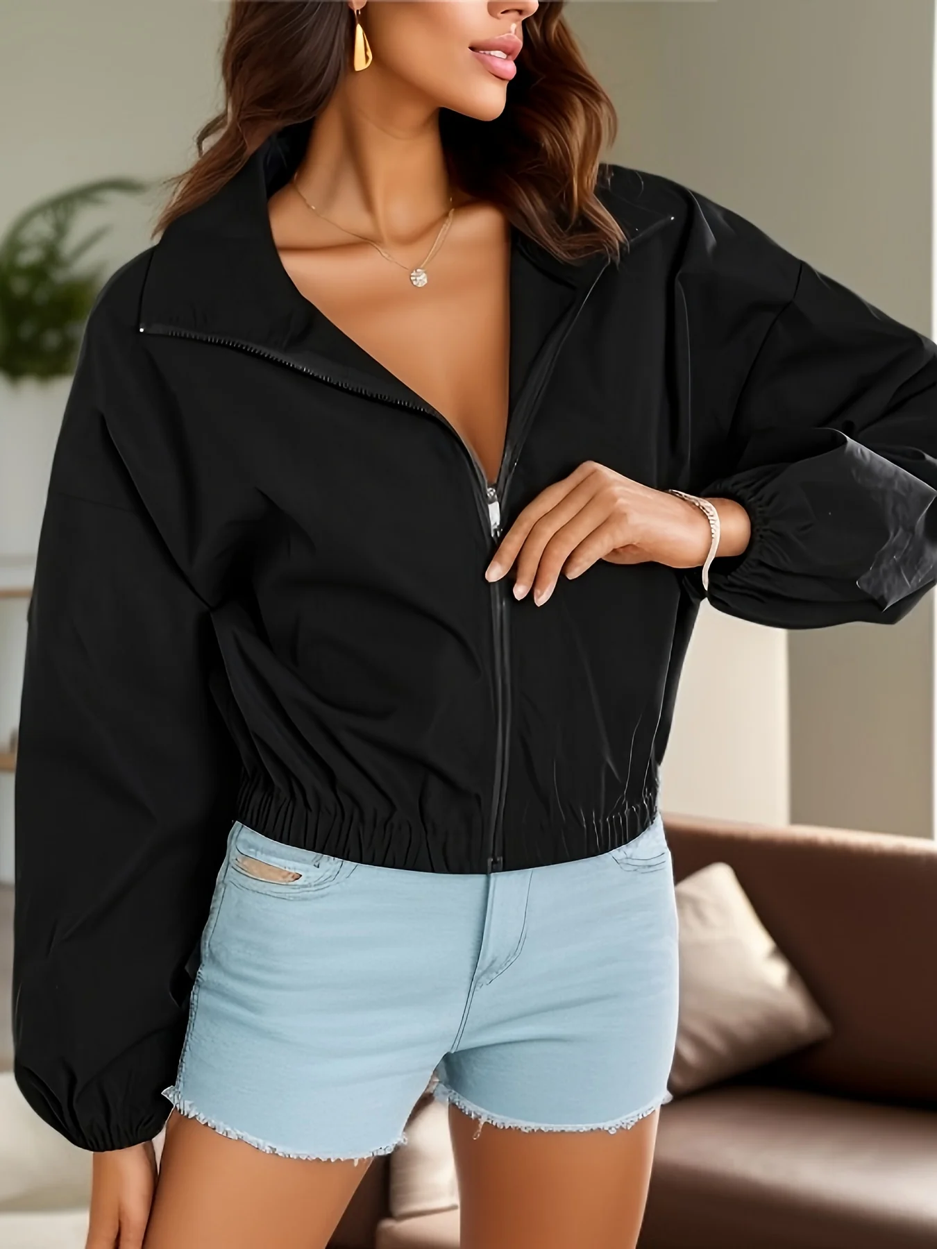 Zip Up Solid Jaket, Casual Long Sleeve Versatile Outerwear, Women's Clothing - Deanwangkt