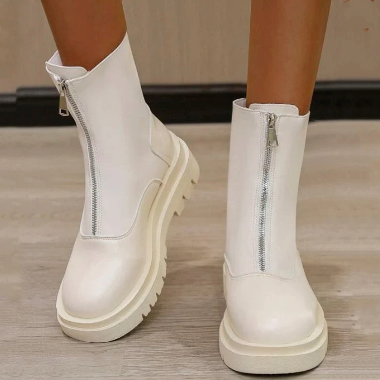 DEANWANGKT Christmas Gift New Front Zipper Chunky Platform Women's Boots Solid Black Beige Boots Women Round Toe High Heel Ankle Boots for Women Eu 35-40 - Deanwangkt