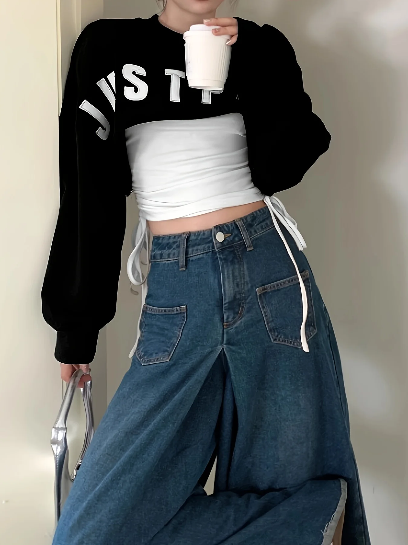 deanwangkt  Casual Two-piece Set, Solid Drawstring Ruched Tank Top & Crop Sweatshirt Outfits, Women's Clothing - Deanwangkt