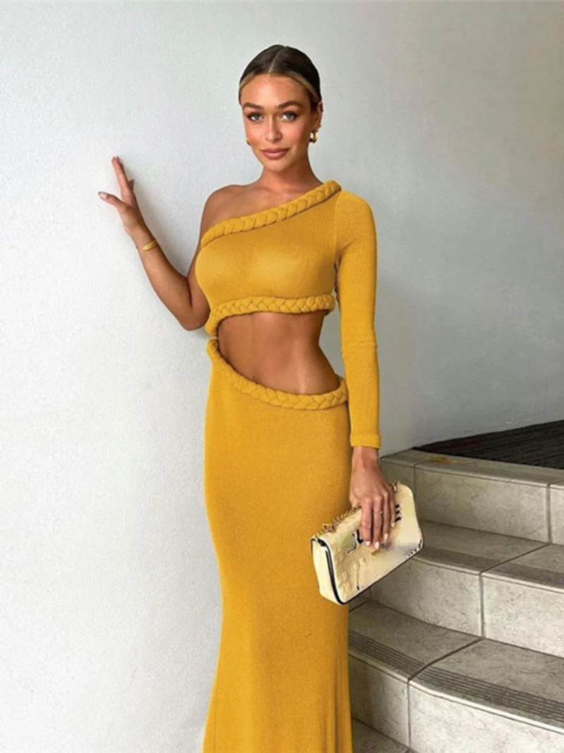 BACK TO COLLEGE    Elegant Women's Two Pieces Dress Set  Fall One Shoulder Long Sleeve Cropped Tops and Long Skirts Female Holiday Beach Outfit - Deanwangkt