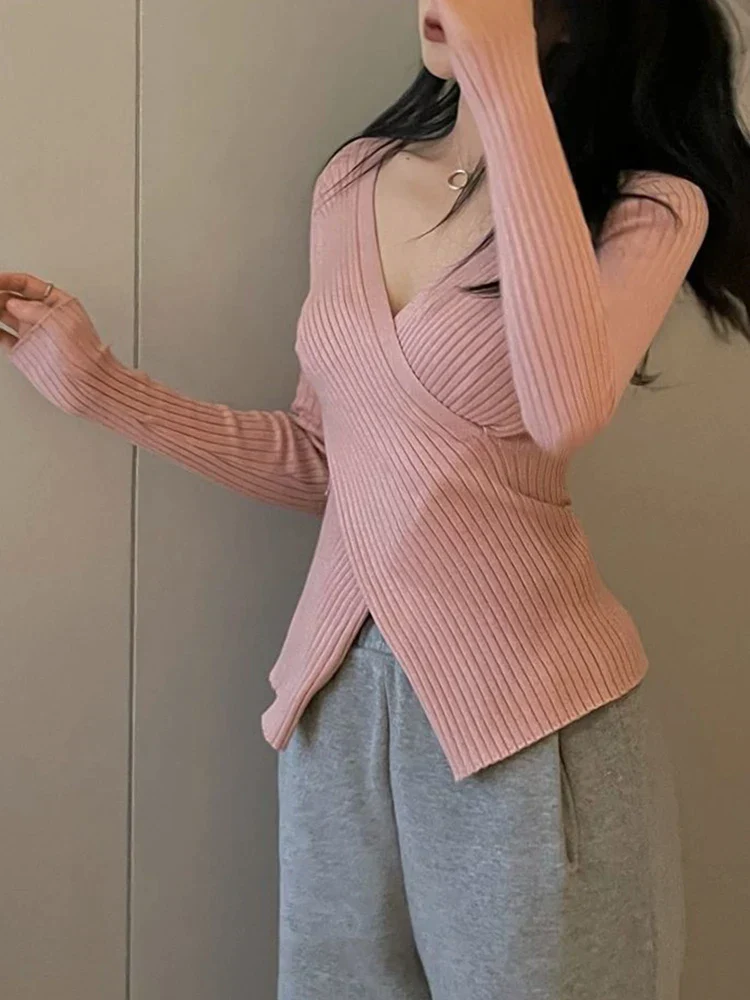 deanwangkt Irregular V-Neck Sweater Women Long Sleeve Top Pullover  Winter Knitted Sweaters Mujer Knitwear Korean Fashion Woman Clothes - Deanwangkt