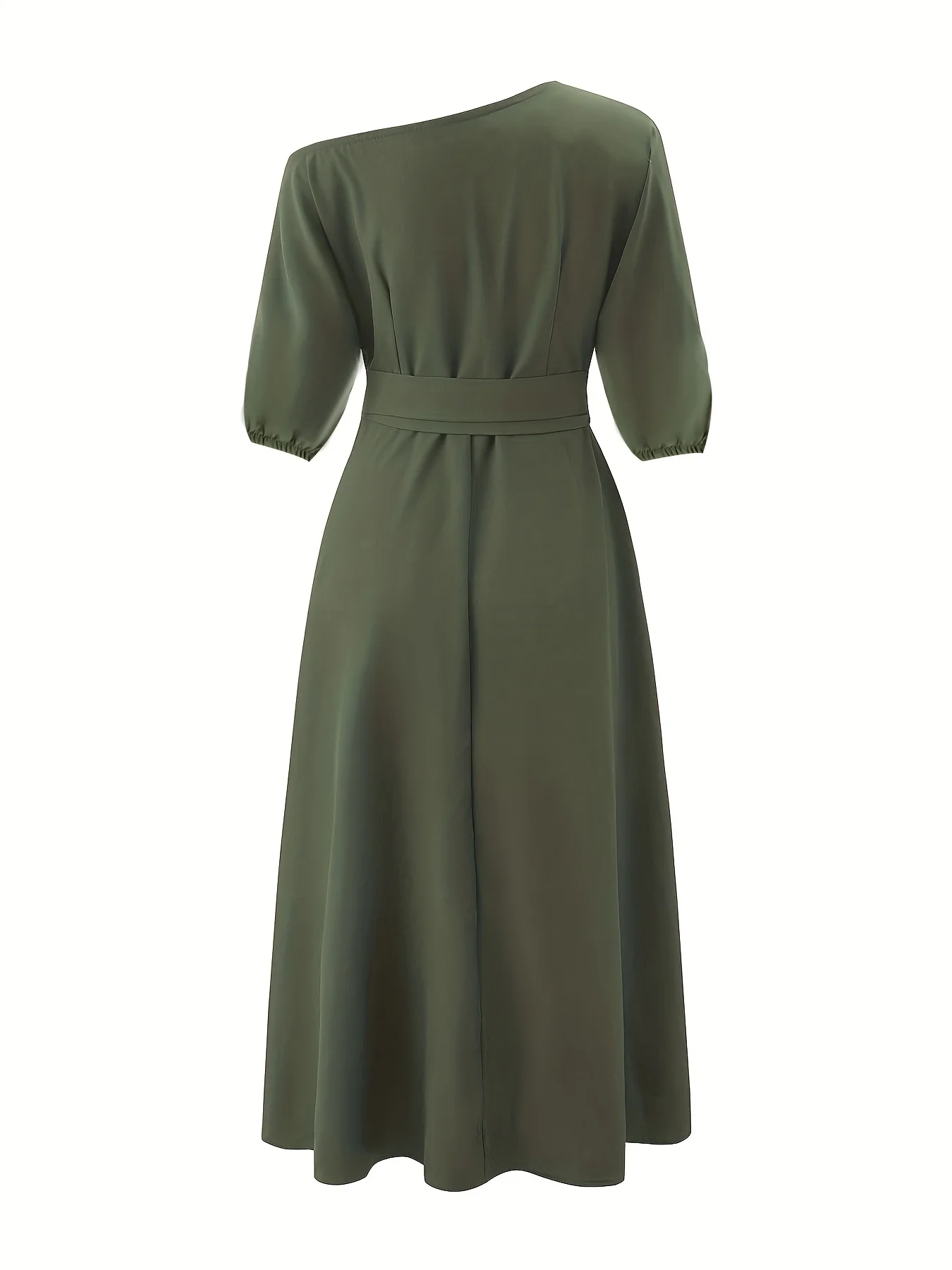 Slant Shoulder Neck Tie Waist Dress, Elegant Dual Pockets Short Sleeve Dress, Women's Clothing - Deanwangkt