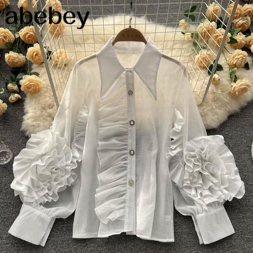 deanwangkt Ruffle Trim Shirt For Women Lapel Lantern Sleeve Loose Solid Button Through Blouse Female Fashion Clothing - Deanwangkt