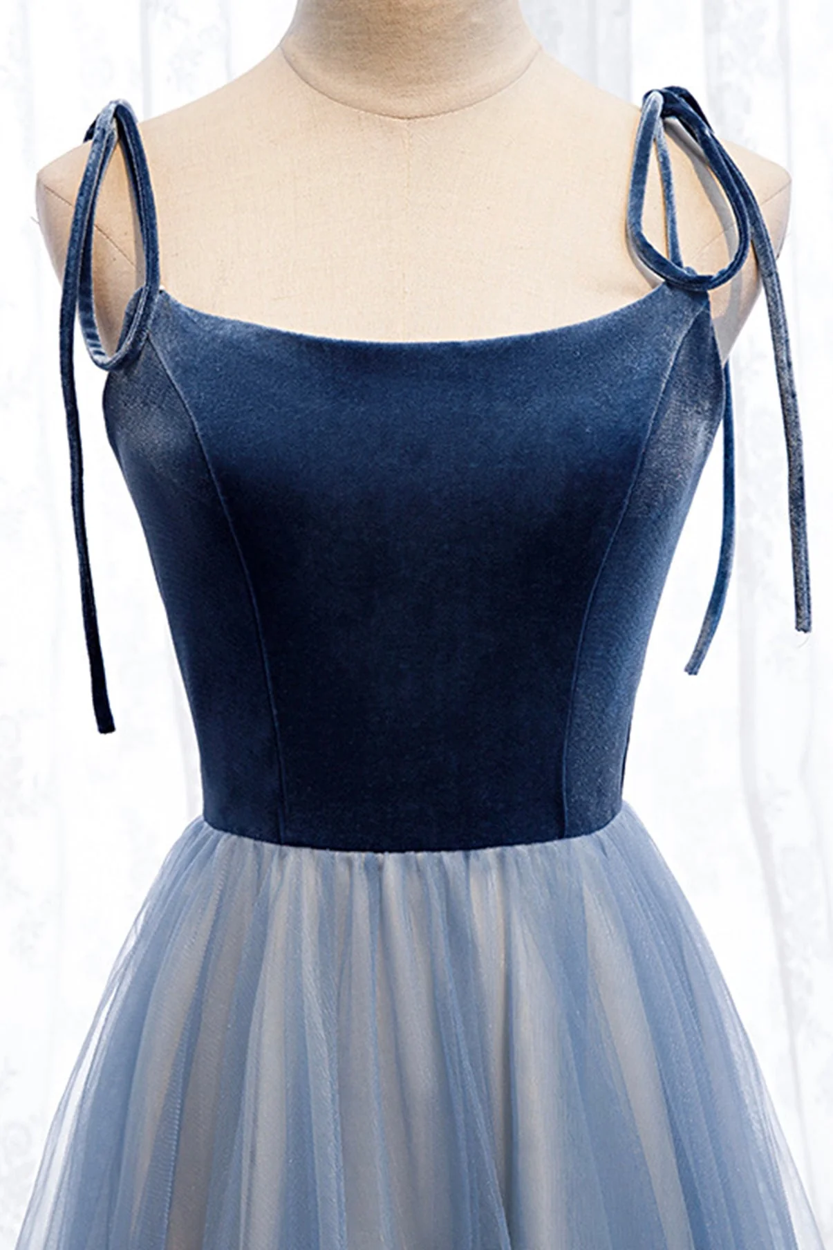 solvbao Blue Velvet Tulle Long Prom Dresses, A-Line Evening Dresses - Deanwangkt