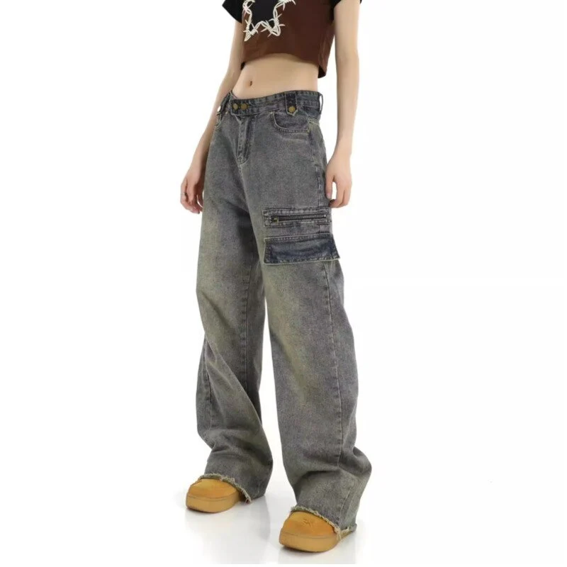deanwangkt Hong Kong Style Retro High Waisted Workwear Jeans, Women's Summer New Unique Design, Straight Pocket, Floor Long Pants - Deanwangkt