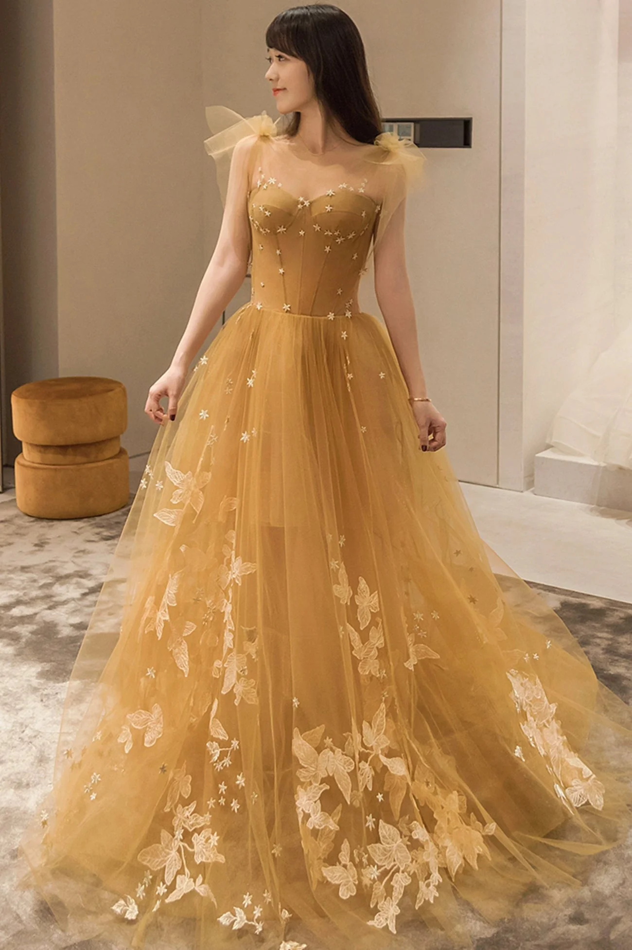 solvbao Yellow Tulle Lace Long Prom Dresses, A-Line Evening Gowns - Deanwangkt
