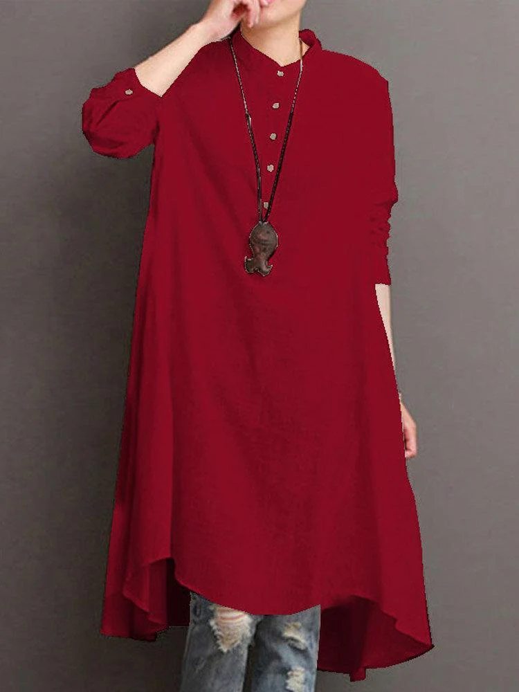 deanwangkt Women Button Down Baggy Blouse Casual Loose Asymmetric Shirt Dress - Deanwangkt