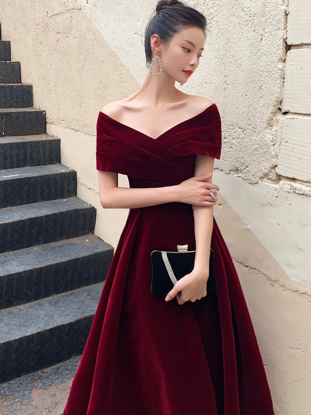 solvbao Burgundy V-Neck Velvet Long Prom Dress, Off Shoulder Evening Party Dress - Deanwangkt