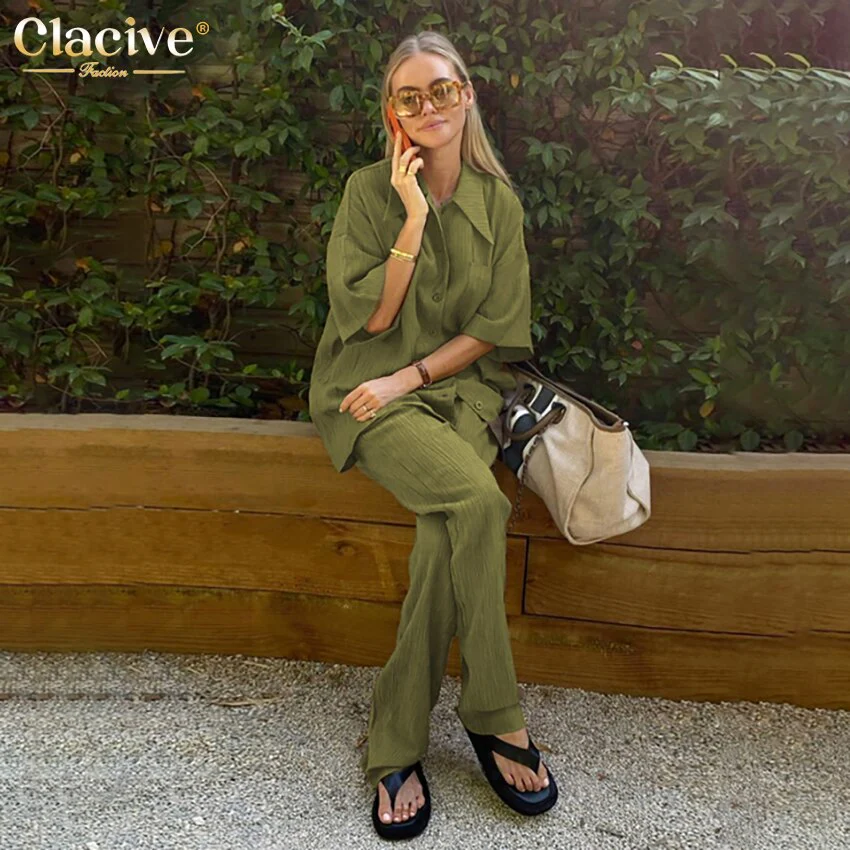 deanwangkt Causal Loose Trouser Suits Autumn Short Sleeve Blouse With High Wasit Pants Set Women Elegant Brown 2 Piece Pants Sets - Deanwangkt