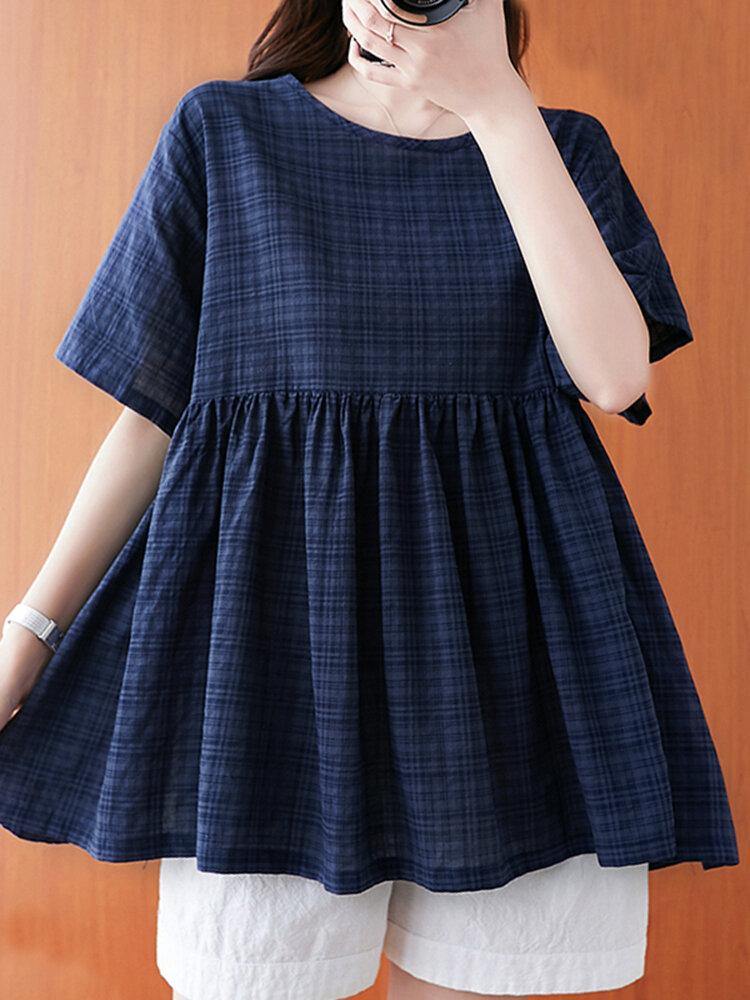 deanwangkt Plaid Pleating Loose Casual Summer Blouse For Women - Deanwangkt