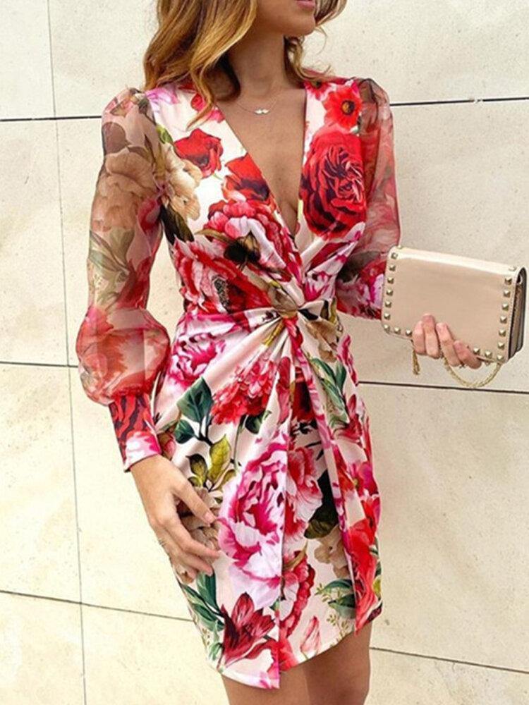 deanwangkt Women Leopard Twist V-Neck Elegant Long Sleeve Dress - Deanwangkt