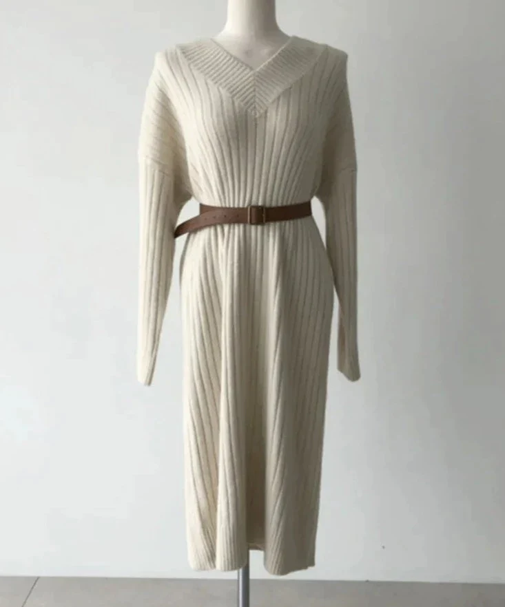 deanwangkt Midi Sweater Dresses Women Autumn Winter V Neck Long Sleeve Warm Elegant Long Casual Loose Ladies Harajuku Dress - Deanwangkt