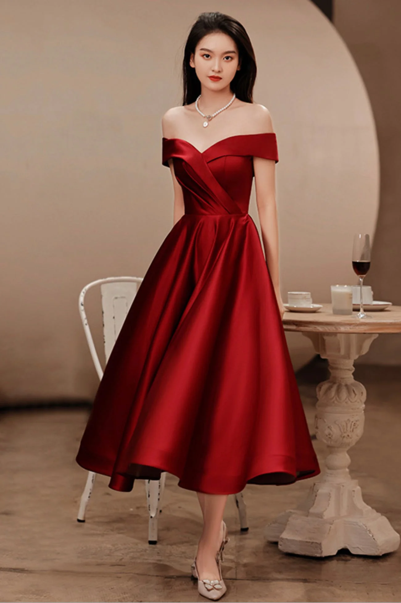 solvbao Burgundy Satin Short Prom Dresses, Off the Shoulder Evening Dresses - Deanwangkt