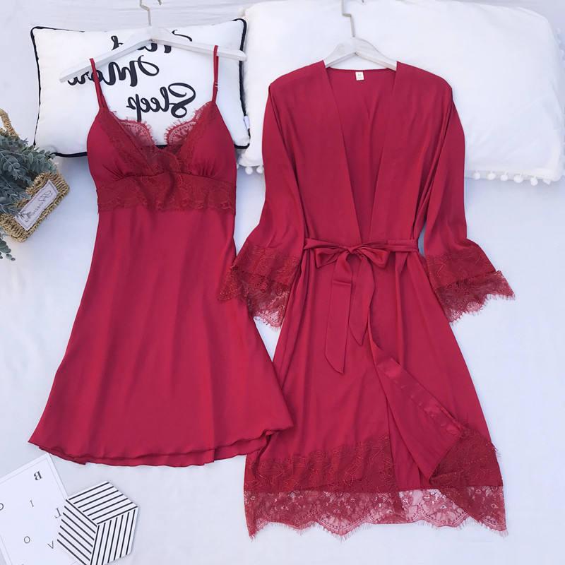 5PCS Pajamas Set Silk Satin Womens Lace Nightwear Spring Strap Pyjamas Suit Female Lounge Sleepwear with Chest Pads Home Wear - Deanwangkt