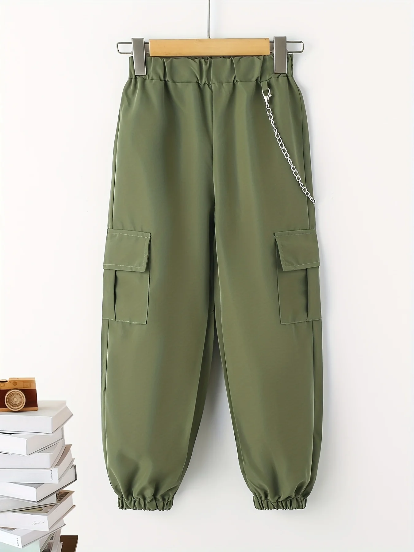 Boys Casual Cargo Pants With Chain Decor, Elastic Waist Jogger Pants With Pocket, Kids Clothing - Deanwangkt
