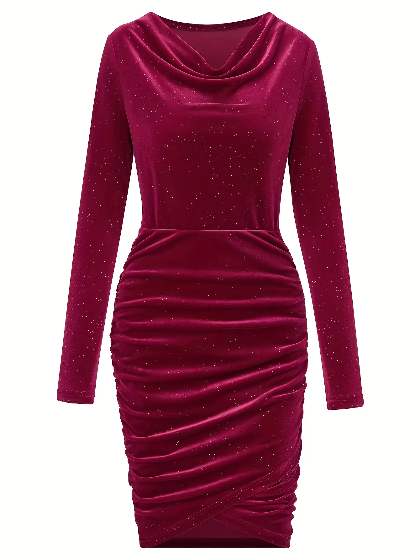 Cowl Neck Ruched Dress, Elegant Solid Long Sleeve Bodycon Dress, Women's Clothing - Deanwangkt