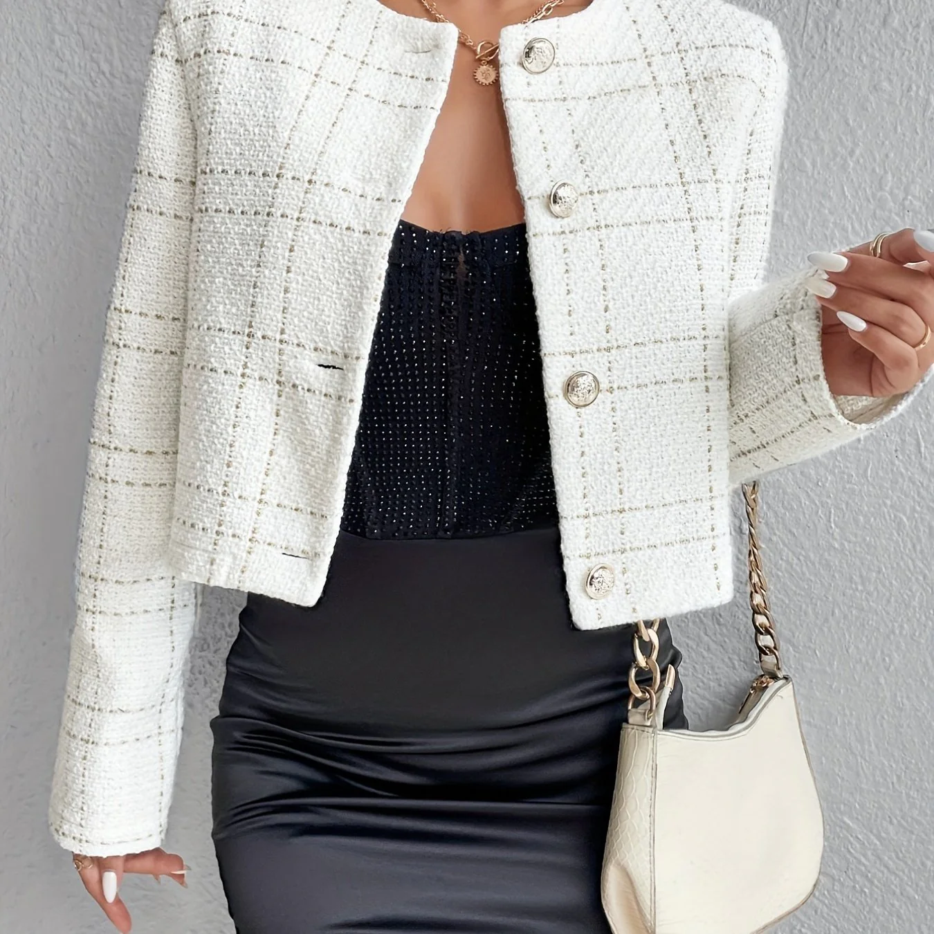 deanwangkt-1 Button Front Plaid Jacket, Elegant Long Sleeve Crew Neck Outerwear, Women's Clothing - Deanwangkt