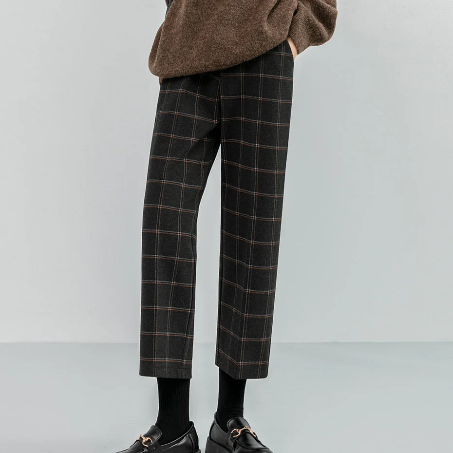 Amozae  Graduation Gifts Chic Woolen Plaid Autumn Winter Women's High Waist Formal Straight Pants Loose Ankle-Length Pants Female Boots Pants Plus Size - Deanwangkt