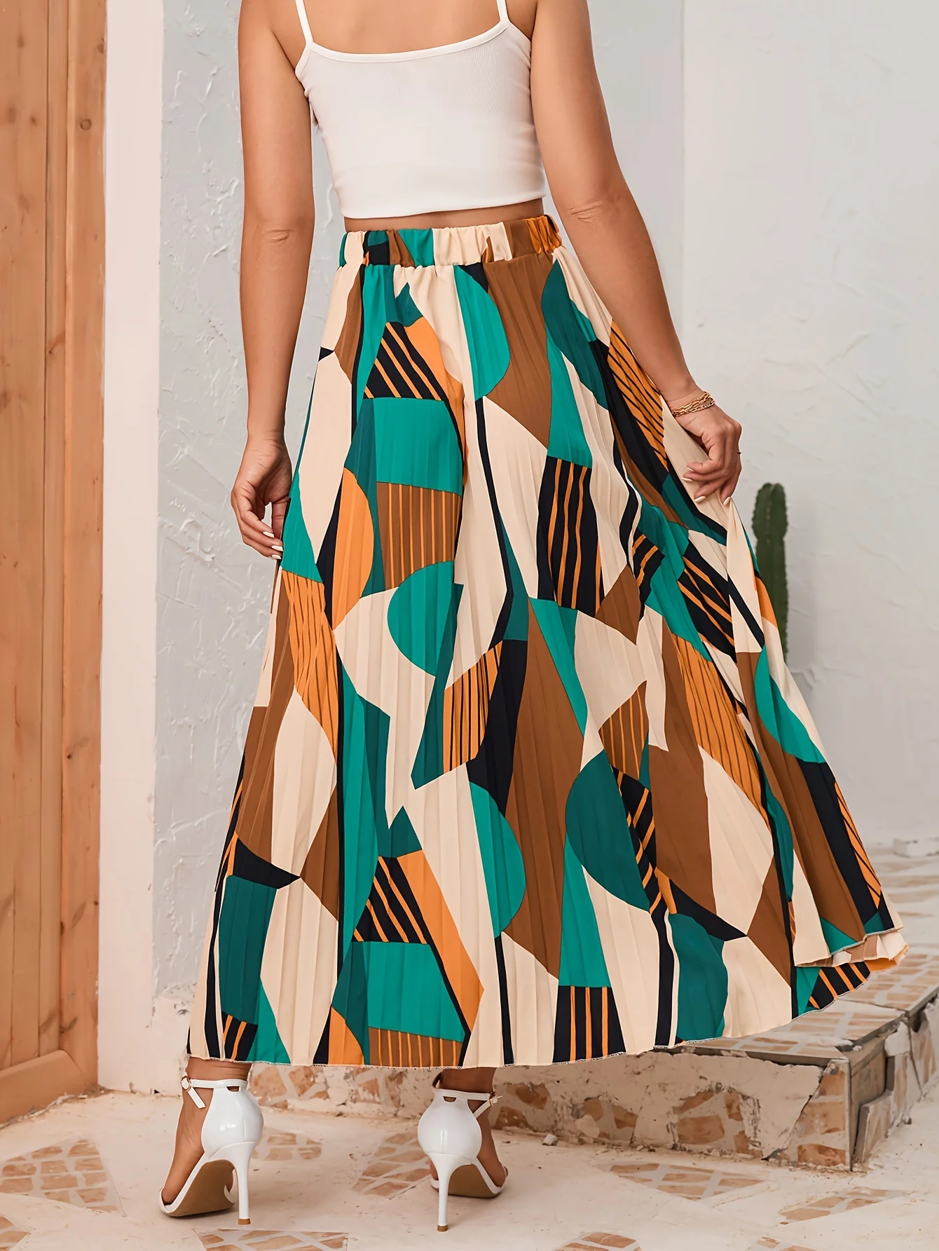 Geo Print Pleated Skirts, Casual High Waist Maxi Skirts, Women's Clothing - Deanwangkt