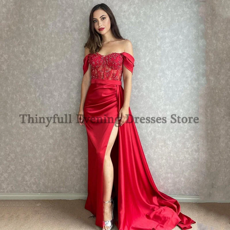 Graduation dress Sexy Prom Evening Dresses Off Shoulder Appliques Party Dress High Split Floor Length Cocktail Gowns Saudi Arabia Dubai - Deanwangkt