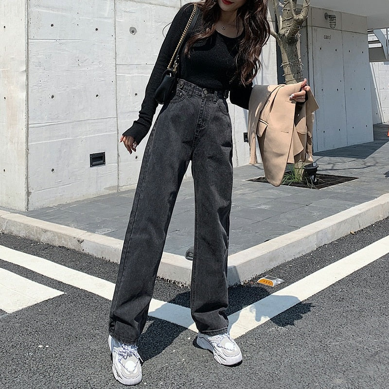 deanwangkt Woman Jeans High Waist Clothes Wide Leg Denim Clothing Blue Streetwear Vintage Quality Fashion Harajuku Straight Pants - Deanwangkt