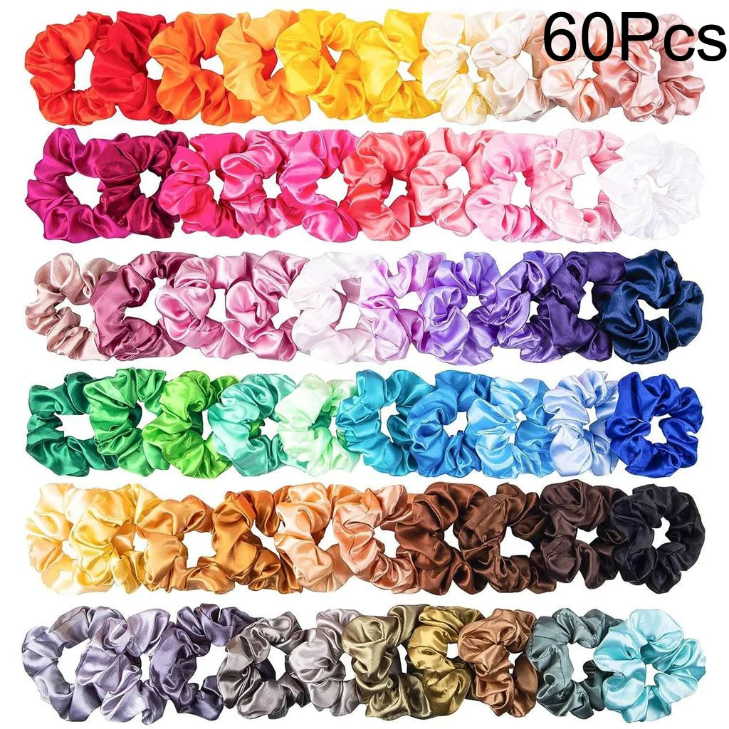 Colorful Silk Satin Scrunchie Set 60Pcs Strong Elastic Bobble Hair Bands Traceless Hair Rope Accessory for Ponytail Holder - Deanwangkt