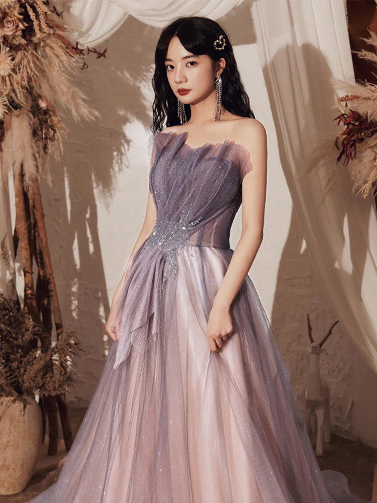 Solvbao Light Purple Tulle with Beaded A-line Party Dress, Purple Tulle Long Formal Dress - Deanwangkt