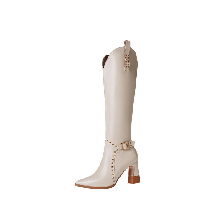 deanwangkt  fashion inspo    NEW Fall Shoes for Women Pointed Toe Square Heel Boots Split Leather Knee High Boots Rivet Plus Size Women Shoes High Heel Boots - Deanwangkt