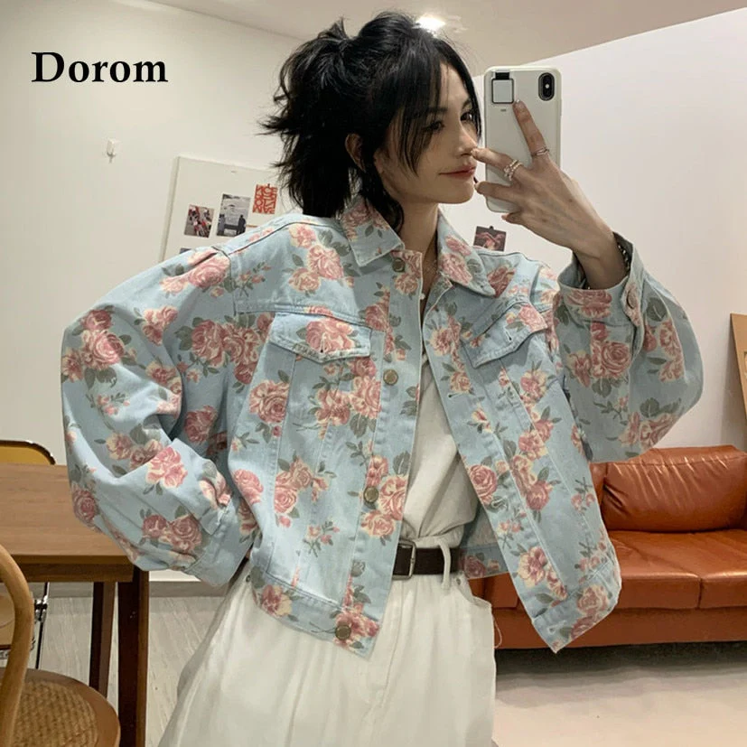 deanwangkt Autumn Women's Denim Cropped Jacket Vintage Floral Print Single Breasted Short Jeans Jacket Female Casual Long Sleeve Loose Coat - Deanwangkt