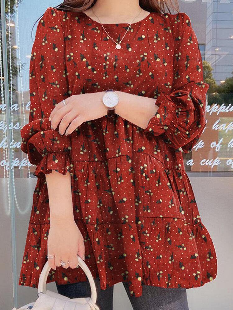 deanwangkt Casual Puff Sleeve Round Neck Long Sleeve Spliced Vintage Pleated Blouse For Women - Deanwangkt