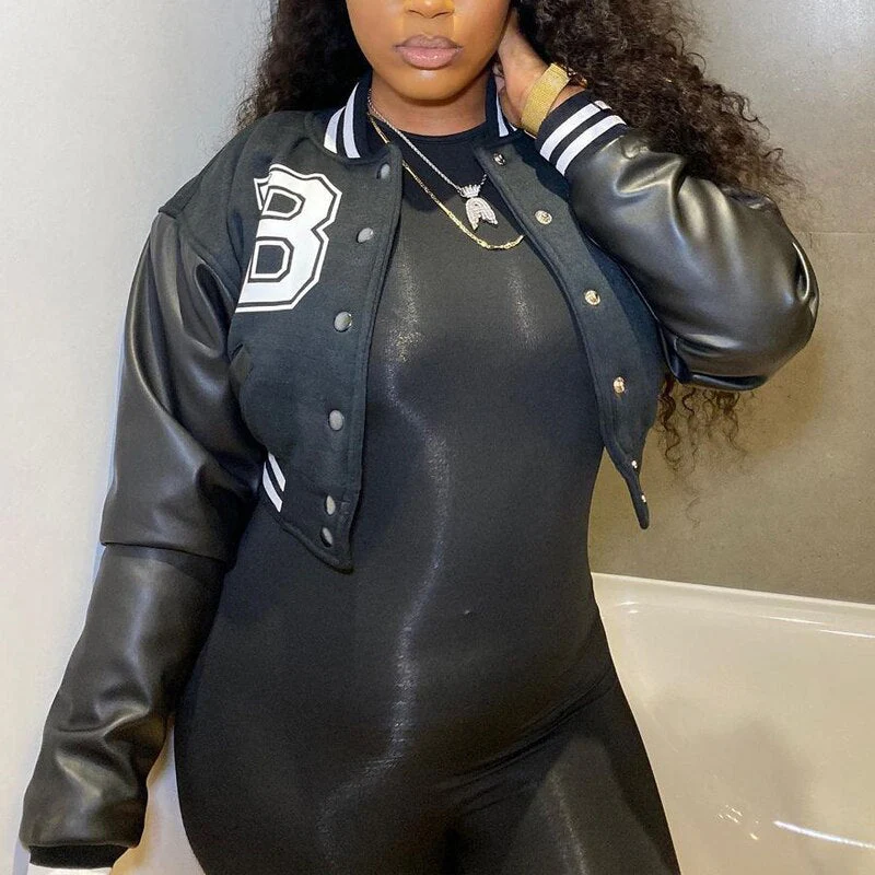 deanwangkt Patchwork Crop Jacket Varsity Women Autumn Winter Casual Oversized Y2k Fashion Baseball Coat - Deanwangkt