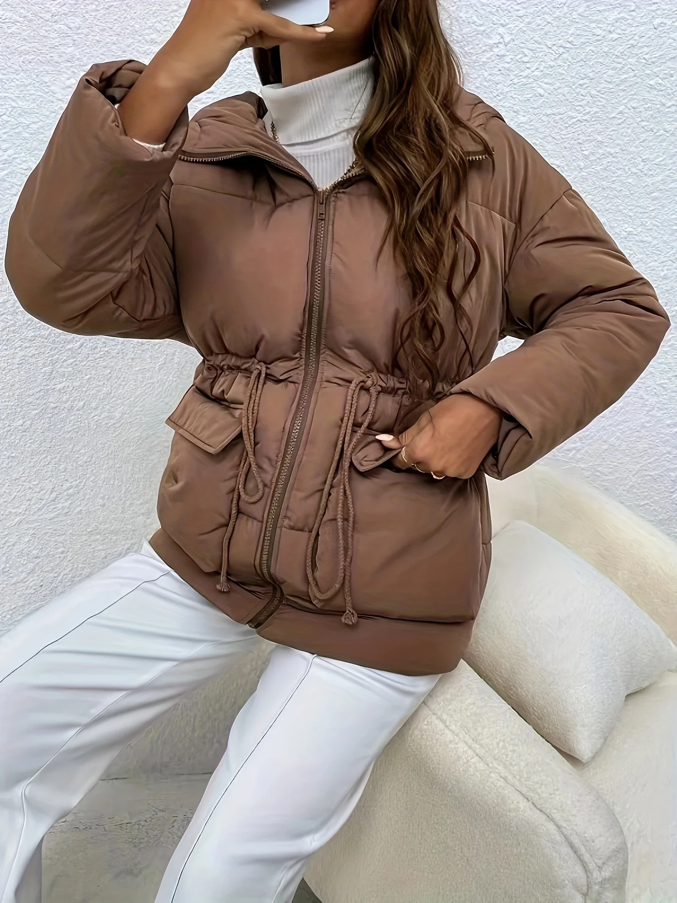 Drawstring Warm Hooded Coat, Casual Zip Up Long Sleeve Winter Outerwear, Women's Clothing - Deanwangkt