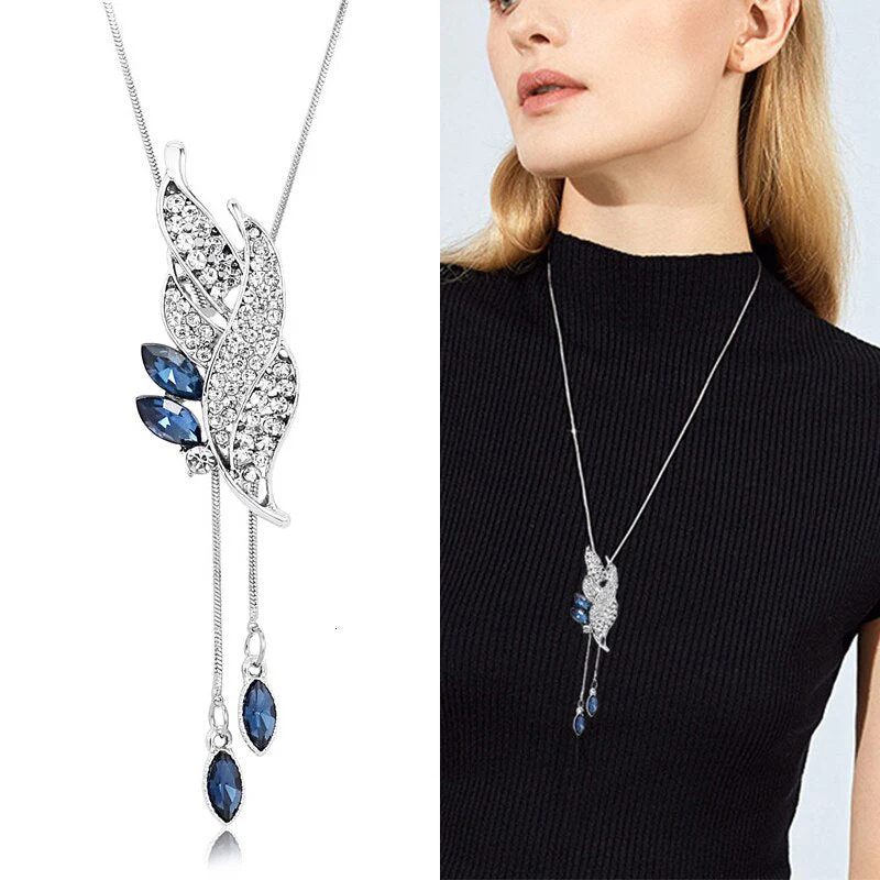 DEANWANGKT Sunflower Crystal Pendant Necklace Women Fashion Blue White Rhinestone Long Chain Necklaces & Pendants Jewelry - Deanwangkt