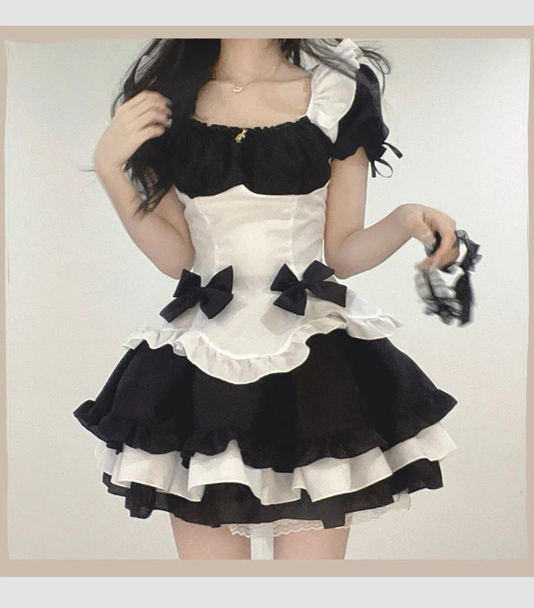 deanwangkt Lolita Dress Black White Kawaii Maid Mini Dresses Summer French Cute Bowknot Cosplay Costume Waitress Party Outfits - Deanwangkt