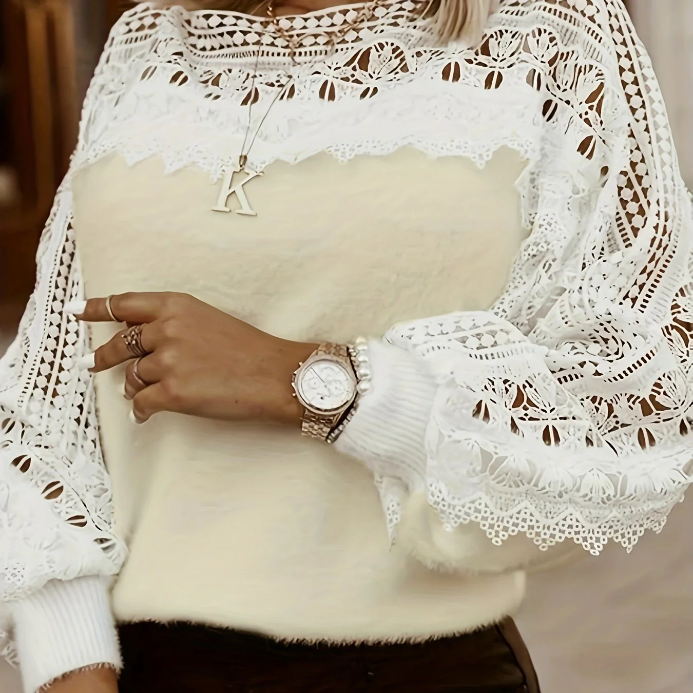 Cutout Lace Stitching T-Shirt, Casual Long Sleeve Top For Spring & Fall, Women's Clothing - Deanwangkt