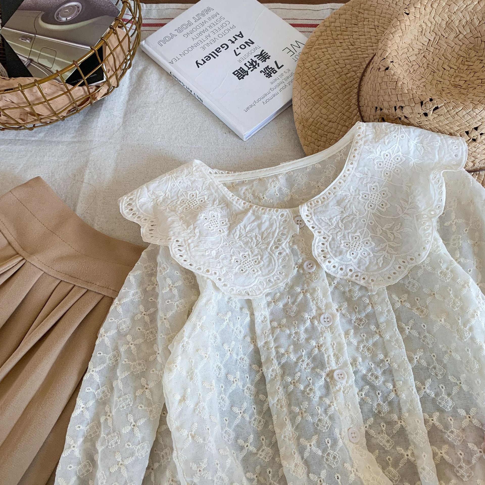 deanwangkt Spring Autumn baby girls lace Hollow out shirts 2-7 Years Girl cotton embroidery Lapel long sleeve blouses Tops - Deanwangkt