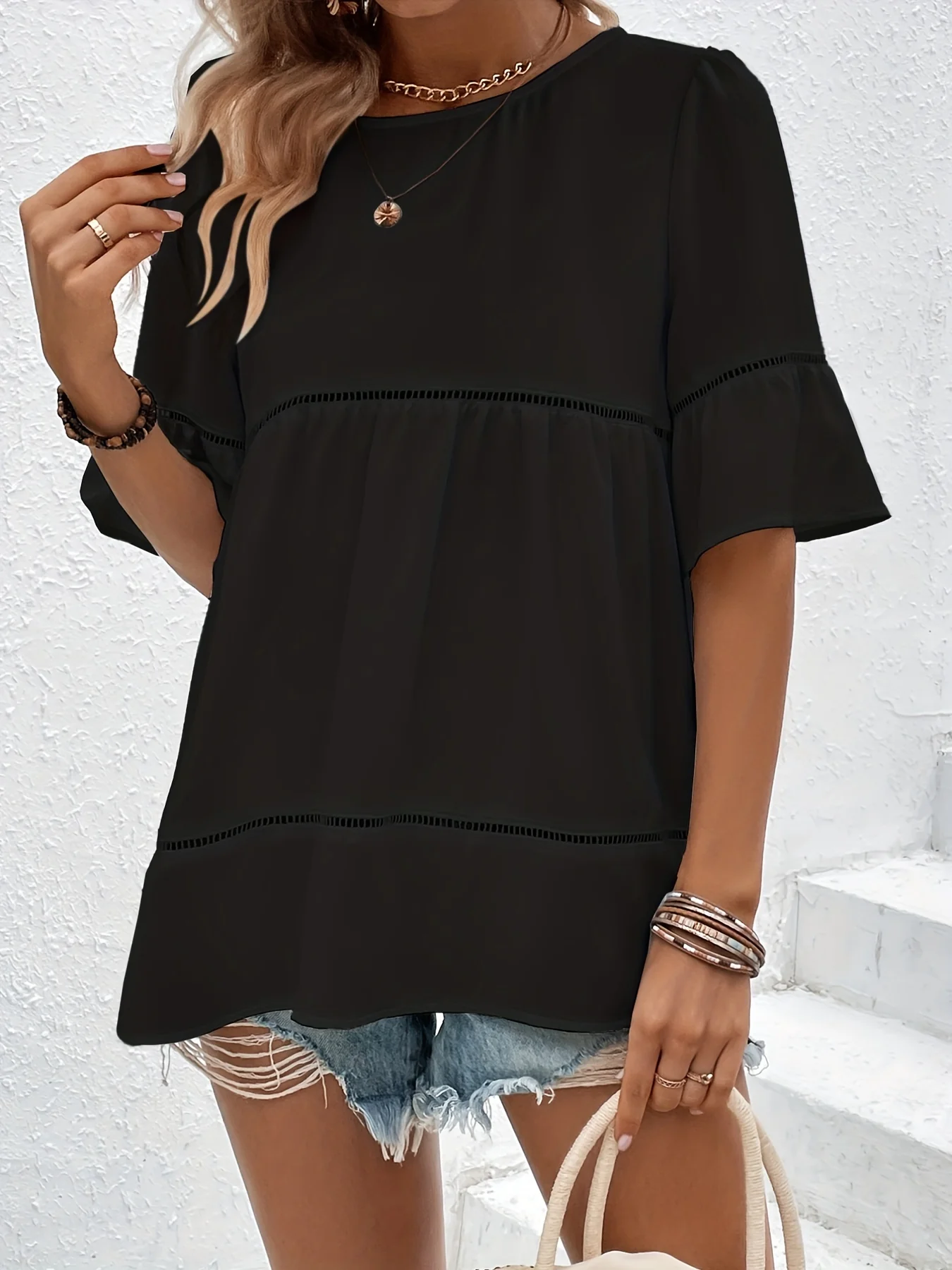 Solid Ruffle Trim Blouse, Vacation Cut Out Crew Neck Summer Blouse, Women's Clothing - Deanwangkt