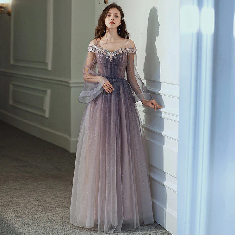 Solvbao Purple Gradient Tulle Long Sleeves Straps Prom Dress Party Dress, A-line Tulle Formal Dresses - Deanwangkt