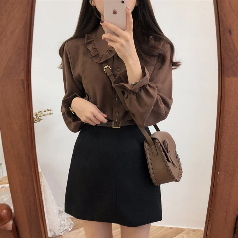 deanwangkt Shirts Blouses Women Fashion Design Girl Preppy Style Flare Sleeve Tops Crew Neck Solid Shirt Autumn Spring Brown Button Coats - Deanwangkt