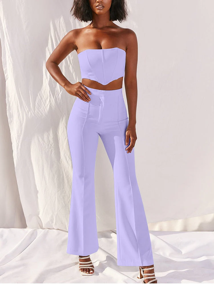 deanwangkt  Boned Corset Crop Top Two Piece Pants Set Women Strapless High Waist Flare Trousers 2 Piece Set Summer Long Suit Tracksuit - Deanwangkt