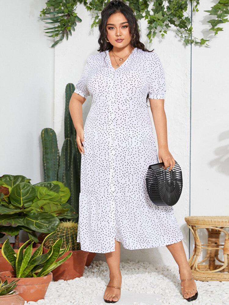deanwangkt Polka Dot Print V-neck Short Sleeve Buttons Summer Beach Holiday Shirt Dress - Deanwangkt