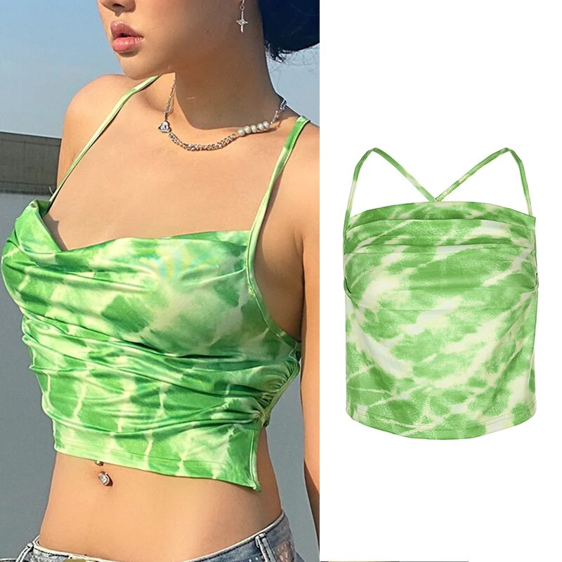 deanwangkt Y2K Bandana Print Halter Tops Women Summer Sleeveless Crop Tops Harajuku Aesthetics Corset Tops Sexy Backless Bandage Camisoles - Deanwangkt